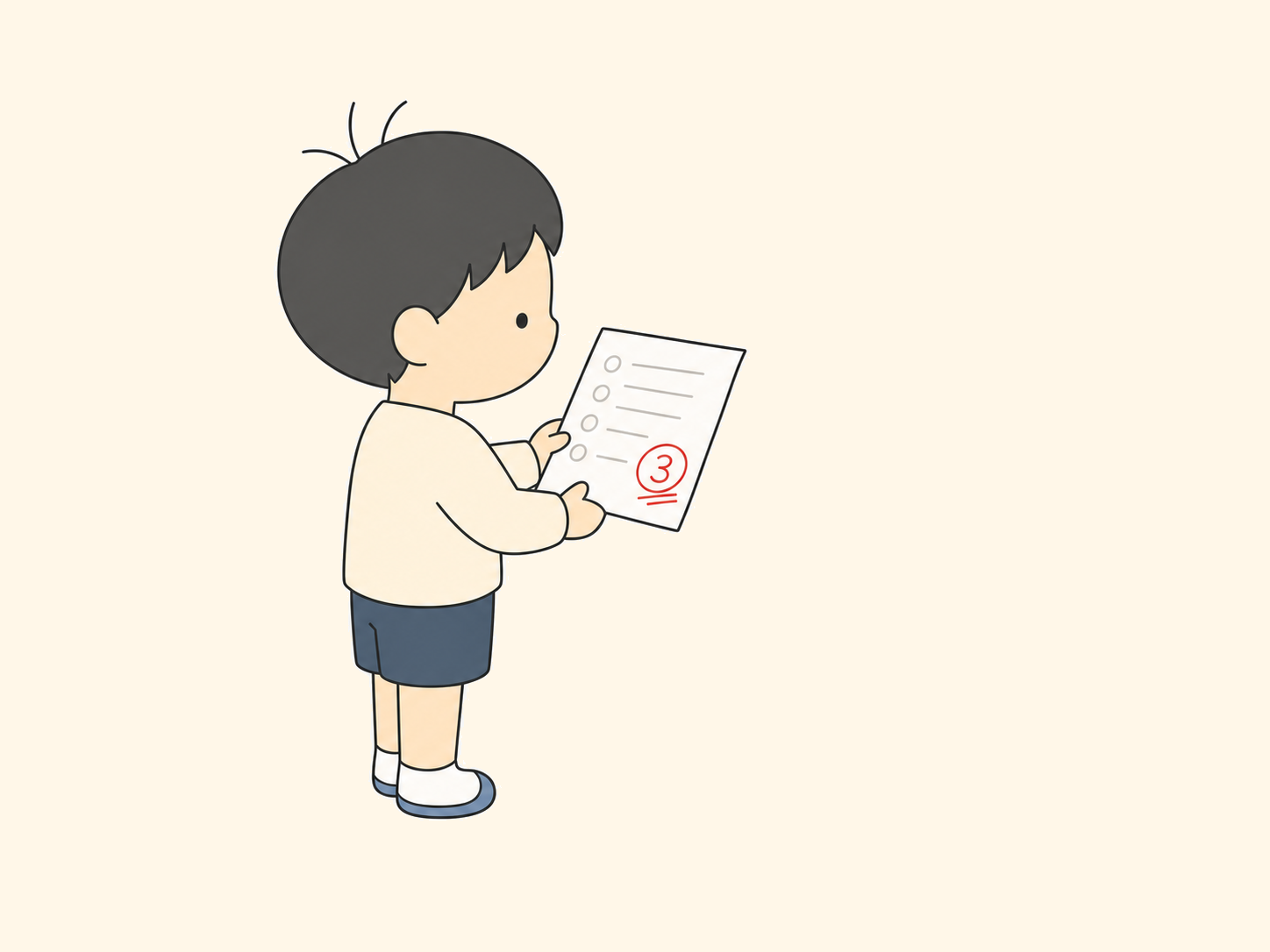3点のテストを机に置き、男の子がスマホを構えるシンプルな絵