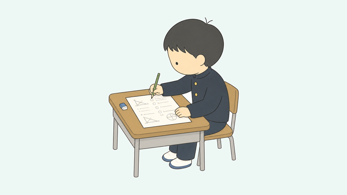 中学生の男の子が机で数学の問題を解く絵本風イラスト