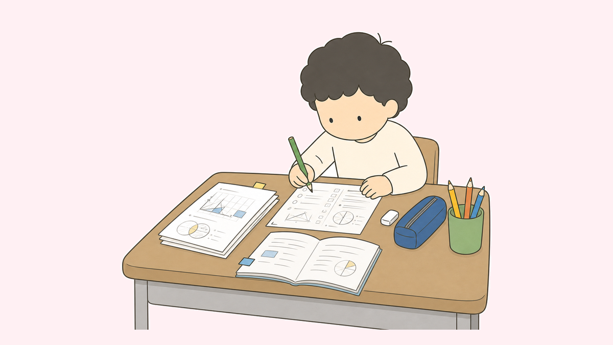 小学生の子どもが算数プリントと参考書を広げて中学受験対策をする絵本風イラスト