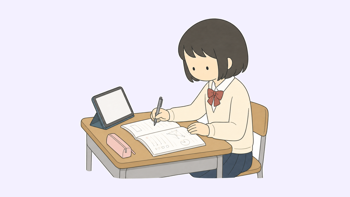 高校生の女の子がタブレットと問題集で勉強する絵本風イラスト